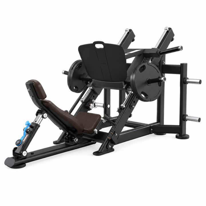 TRUE XFW-7800 leg press with java upholstery, 45-degree weight carriage, wide foot plate, and storage posts