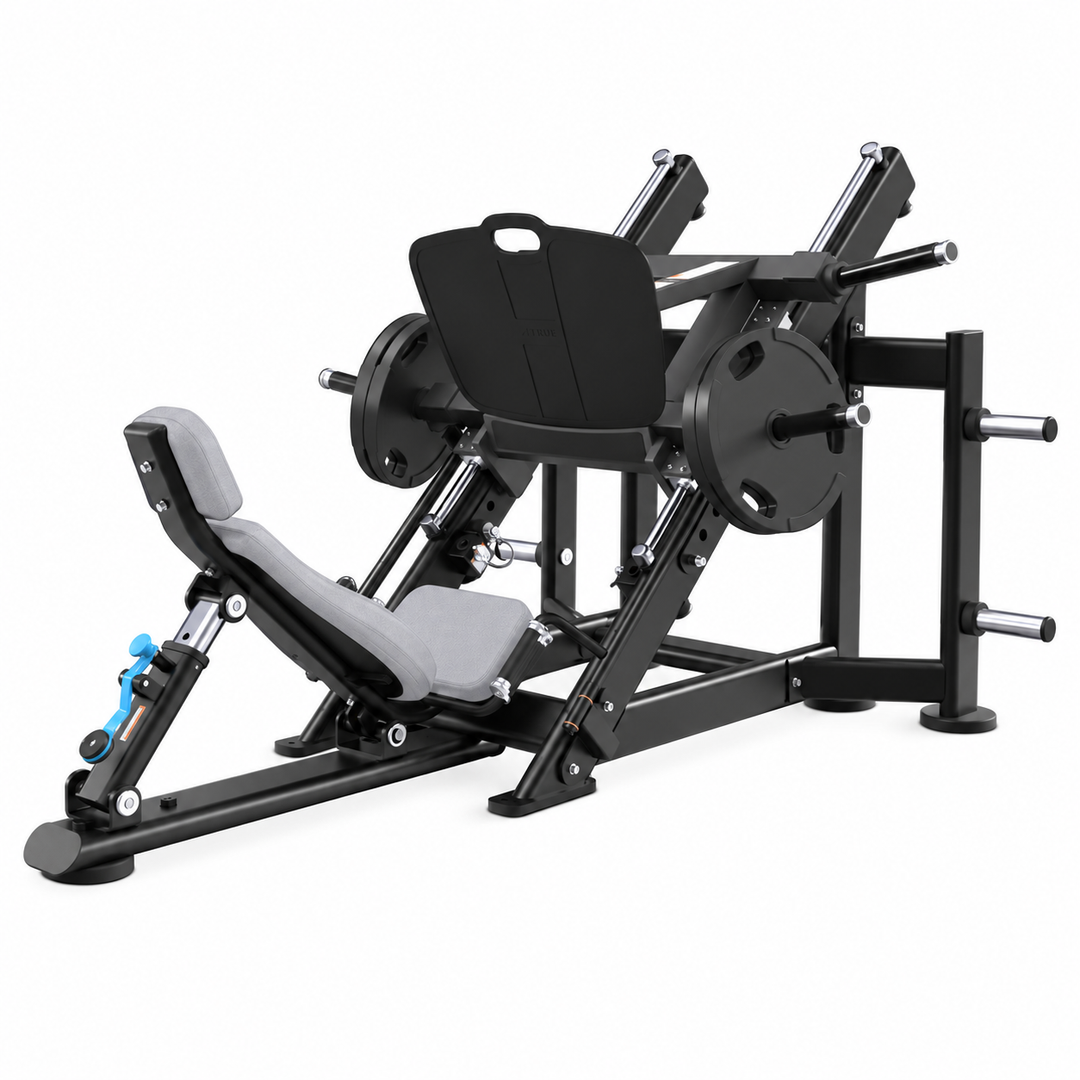 TRUE XFW-7800 leg press with light gray upholstery, 45-degree weight carriage, wide foot plate, and storage posts  