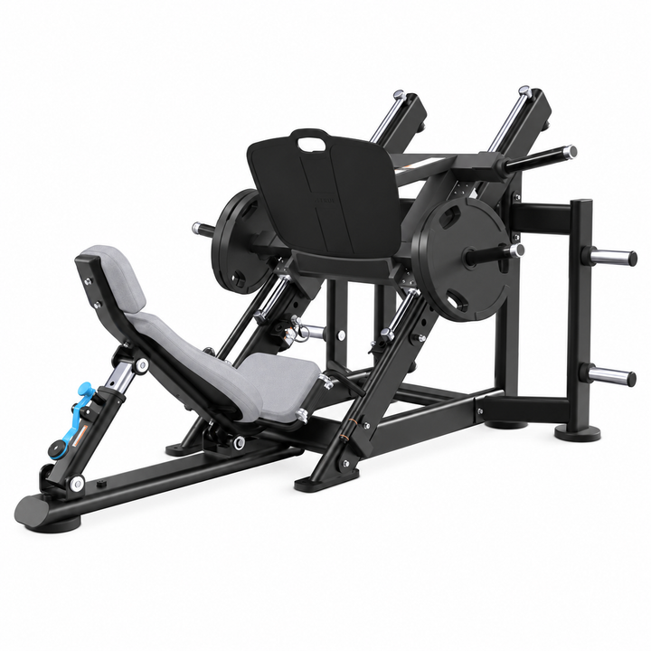 TRUE XFW-7800 leg press with light gray upholstery, 45-degree weight carriage, wide foot plate, and storage posts  