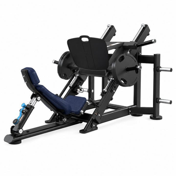 TRUE XFW-7800 leg press with navy upholstery, 45-degree weight carriage, wide foot plate, and storage posts  