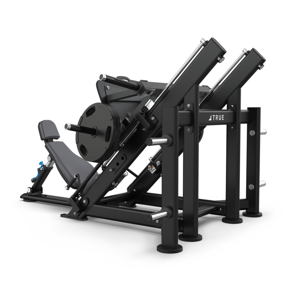 TRUE XFW-7800 leg press shown from the rear angle with weight carriage, back pad, frame, and storage posts