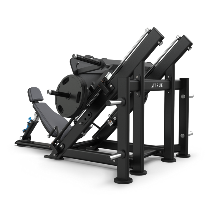 TRUE XFW-7800 leg press shown from the rear angle with weight carriage, back pad, frame, and storage posts