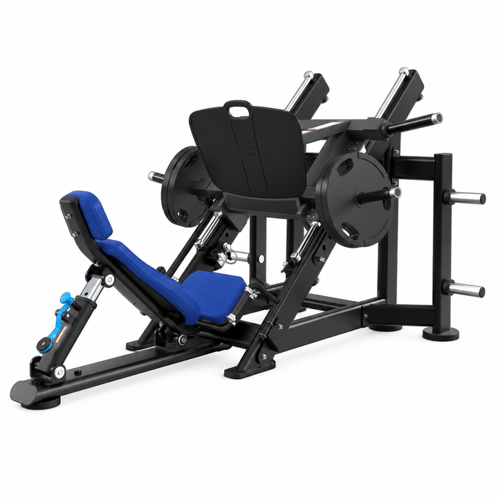 TRUE XFW-7800 leg press with royal blue upholstery, 45-degree weight carriage, wide foot plate, and storage posts  