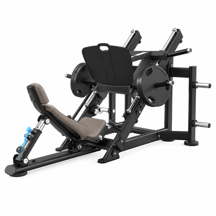 TRUE XFW-7800 leg press with suede upholstery, 45-degree weight carriage, wide foot plate, and storage posts  