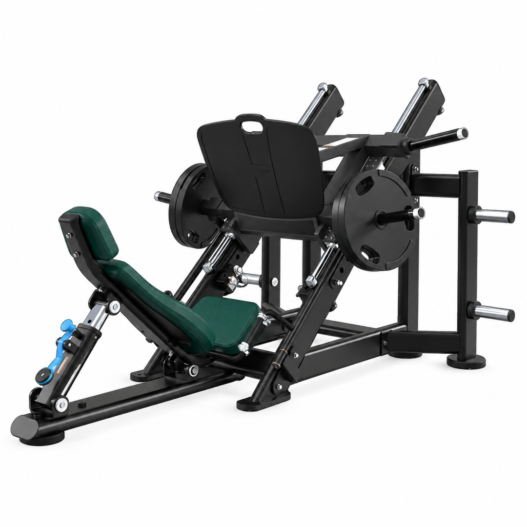 TRUE XFW-7800 leg press with hunter green upholstery, 45-degree weight carriage, wide foot plate, and storage posts  
