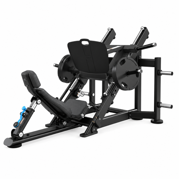 TRUE XFW-7800 leg press with slate upholstery, 45-degree weight carriage, wide foot plate, and storage posts  