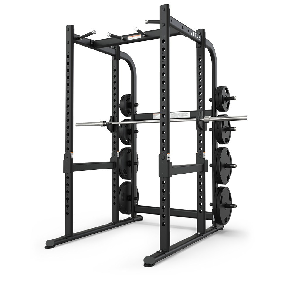 TRUE XFW-7900 power rack with adjustable bar catches, pull-up station, and eight weight plate holders