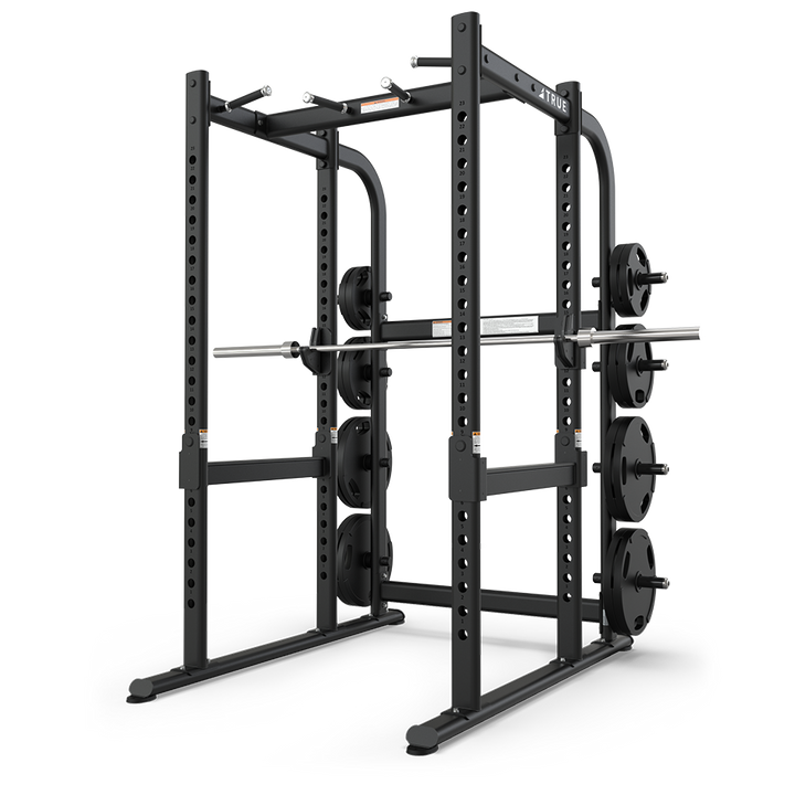 TRUE XFW-7900 power rack with adjustable bar catches, pull-up station, and eight weight plate holders