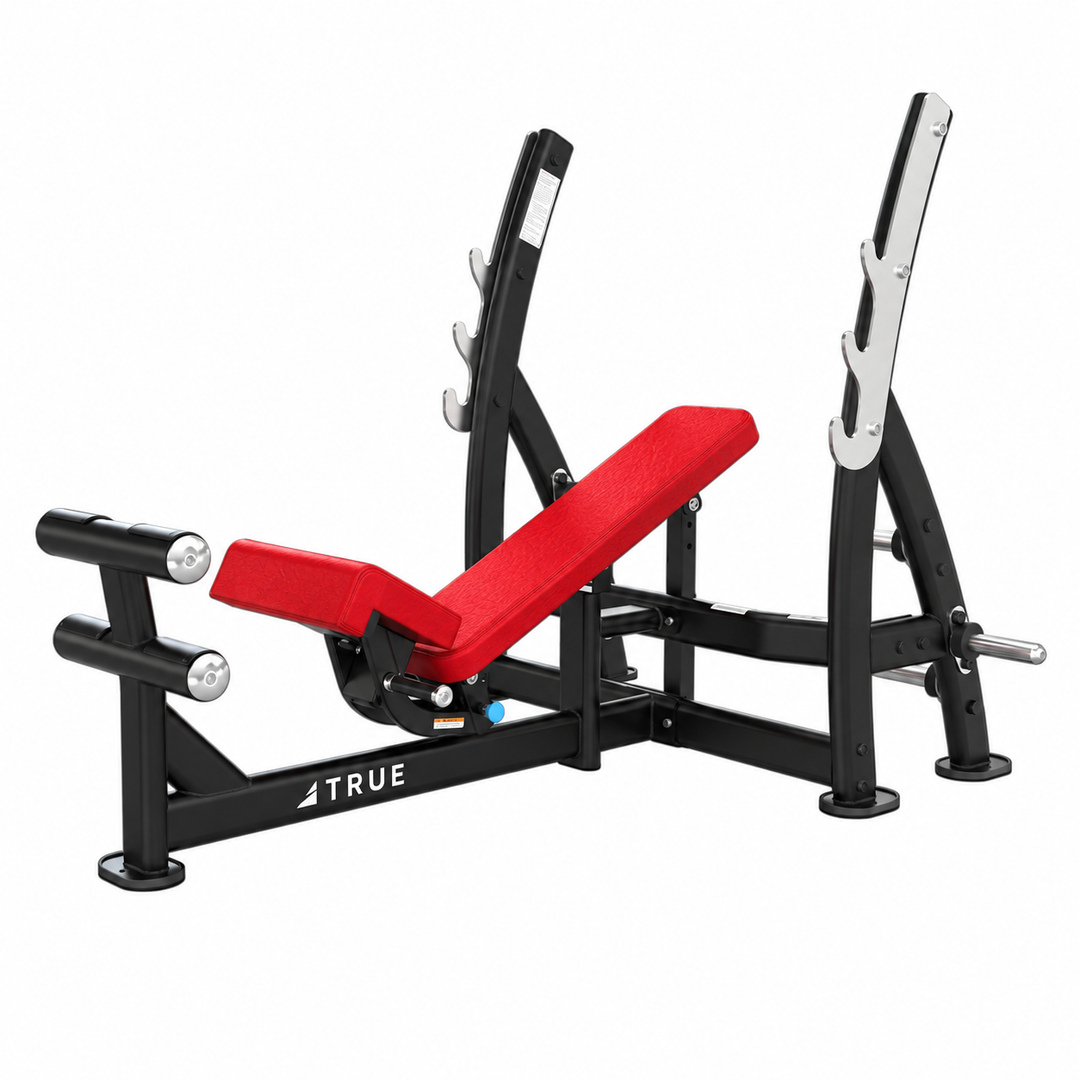 TRUE XFW-8200 3-way bench press with american beauty red upholstery, bar catches, footrest, and plate holders  