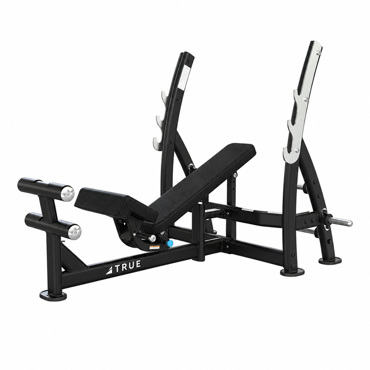 TRUE XFW-8200 3-way bench press with black upholstery, bar catches, footrest, and plate holders