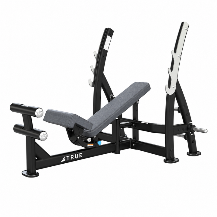 TRUE XFW-8200 3-way bench press with cadet upholstery, bar catches, footrest, and plate holders  