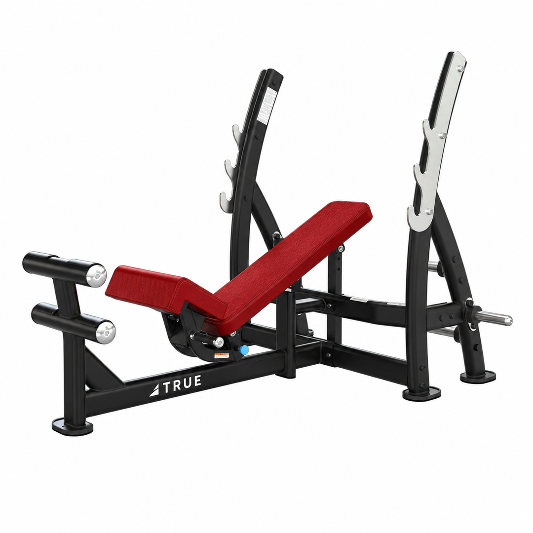 TRUE XFW-8200 3-way bench press with candy apple red upholstery, bar catches, footrest, and plate holders  