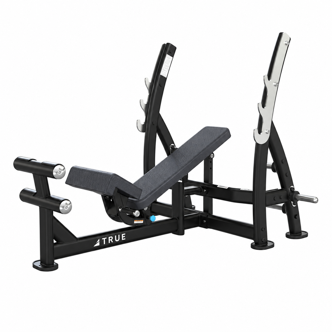 TRUE XFW-8200 3-way bench press with graphite upholstery, bar catches, footrest, and plate holders  
