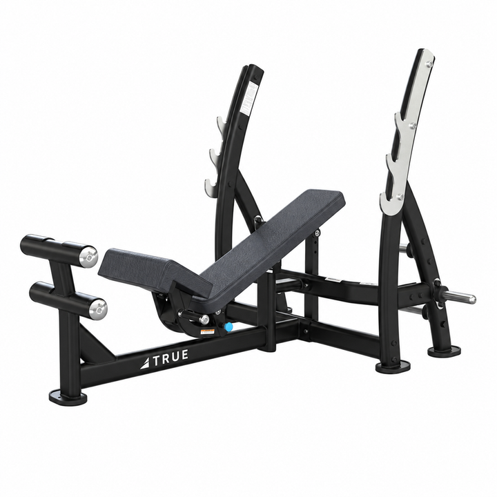 TRUE XFW-8200 3-way bench press with graphite upholstery, bar catches, footrest, and plate holders  