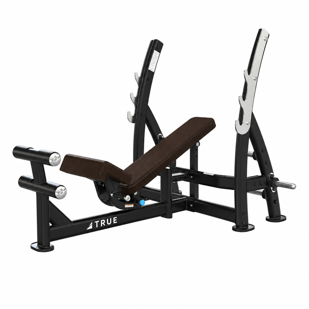 TRUE XFW-8200 3-way bench press with java upholstery, bar catches, footrest, and plate holders  