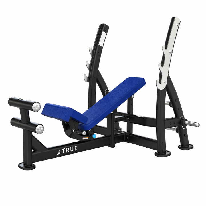 TRUE XFW-8200 3-way bench press with royal blue  upholstery, bar catches, footrest, and plate holders  