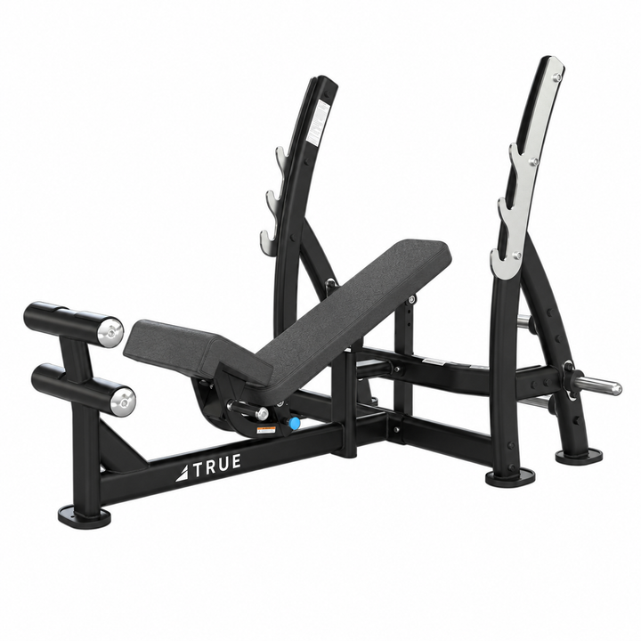 TRUE XFW-8200 3-way bench press with slate upholstery, bar catches, footrest, and plate holders  