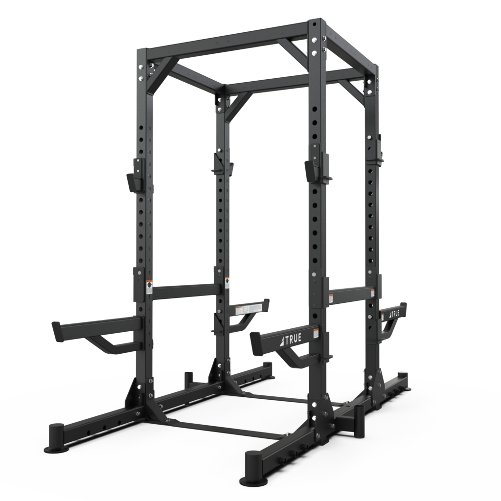 TRUE XFW-8300 dual-sided weight rack with three rack stations, adjustable bar catches, and catch rails