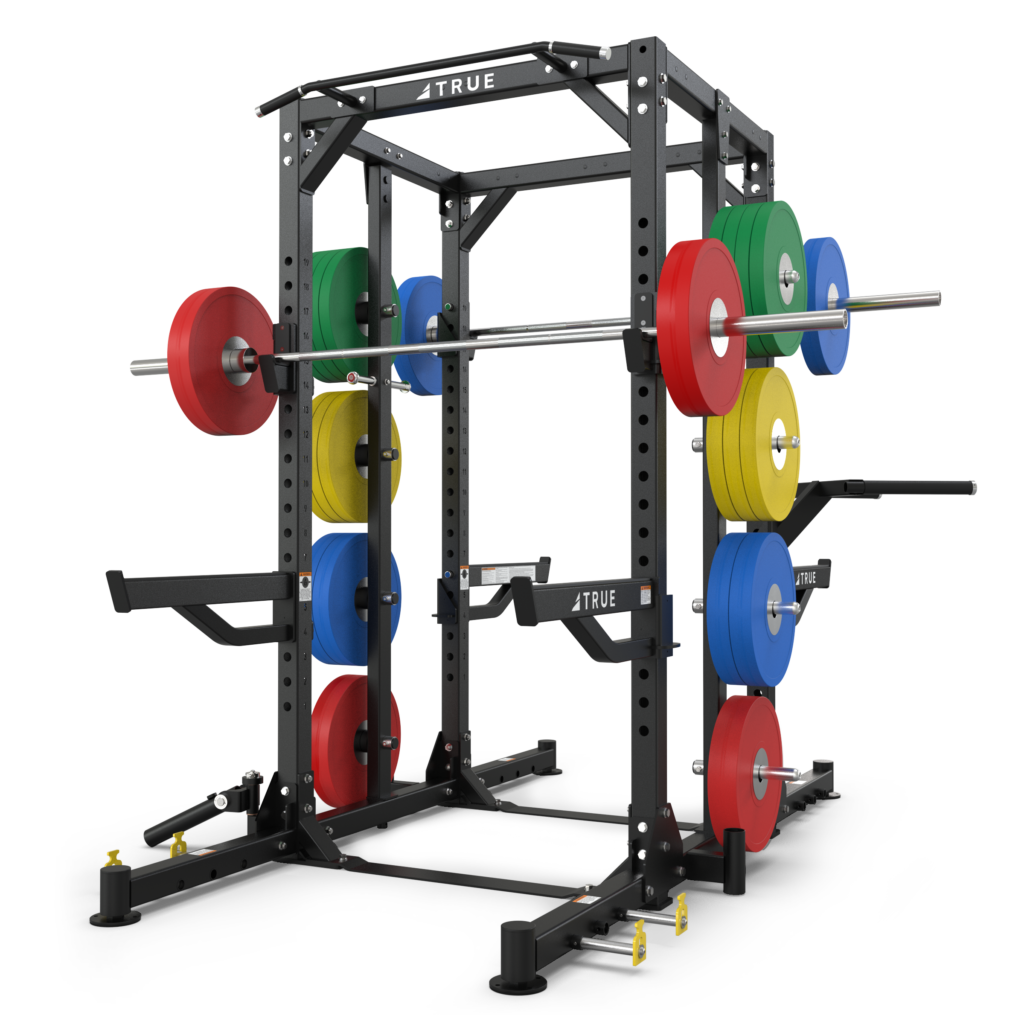 TRUE XFW-8300 dual-sided weight rack shown with barbell, weight plates, plate storage posts, and optional chin bar
