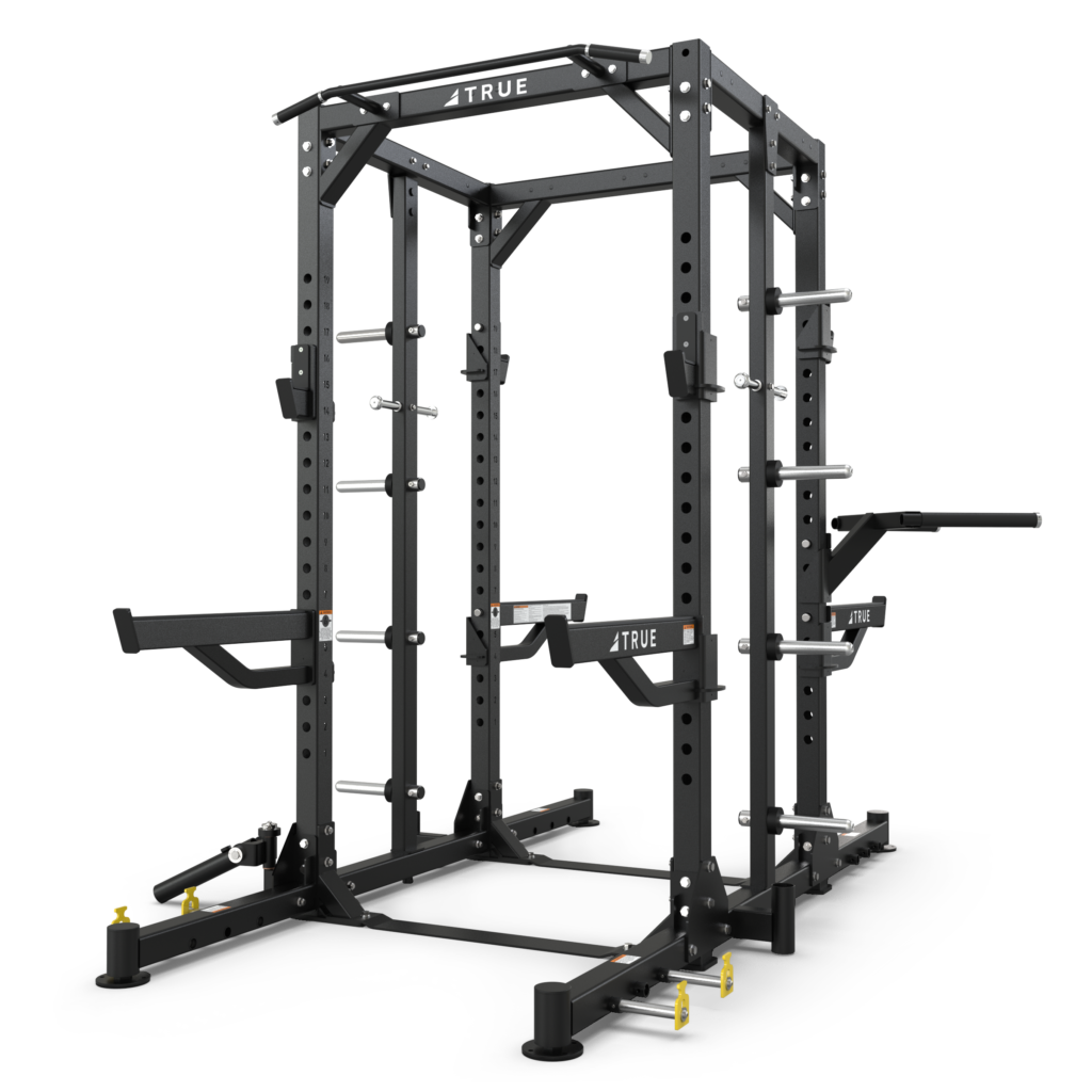 TRUE XFW-8300 dual-sided weight rack with multiple plate storage posts, adjustable bar catches, and three rack stations