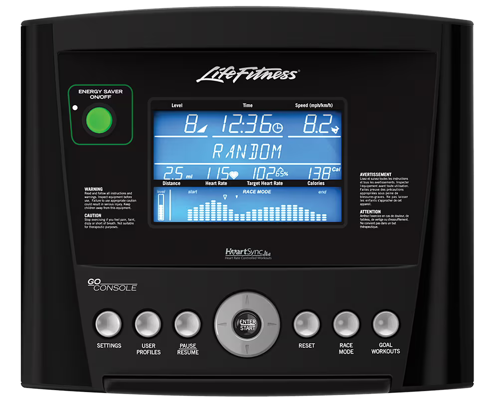 Life Fitness GO Connect console with LCD display for indoor treadmill workout sessions