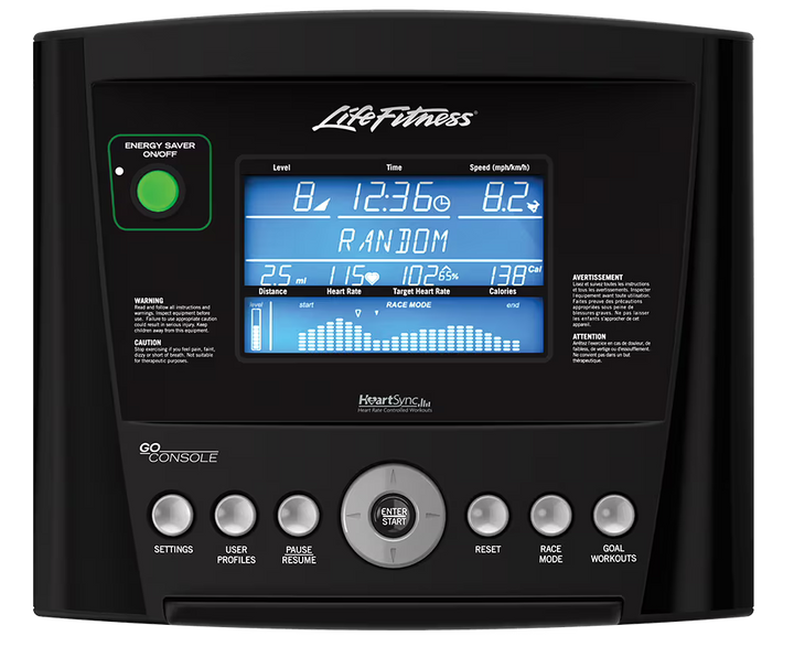 Life Fitness GO Connect console with LCD display for indoor treadmill workout sessions