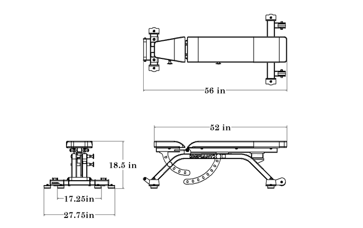 Dimension drawing for the Defiant Strength three-way adjustable weight bench
