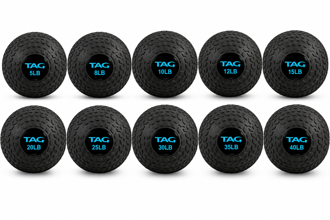 Full set of black tire tread slam balls arranged by weight