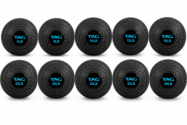 Full set of black tire tread slam balls arranged by weight