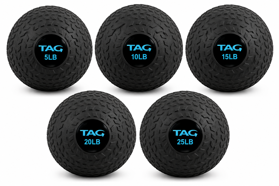 Black tire tread slam ball set with multiple weight options