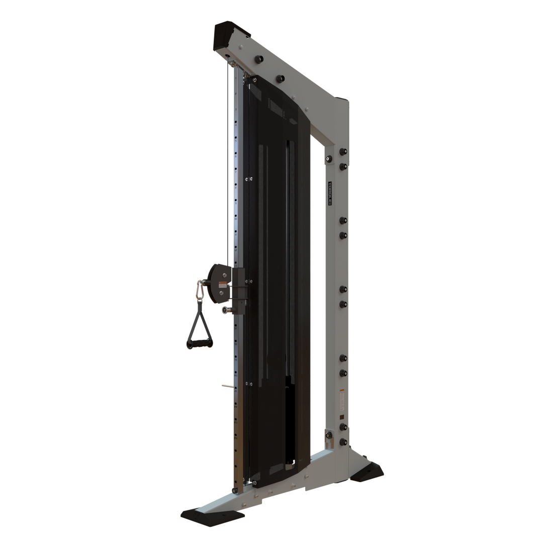 Side view of Torque USA X-CREATE 8 ft single-sided cable upright in Platinum  with cable handle and steel frame.
