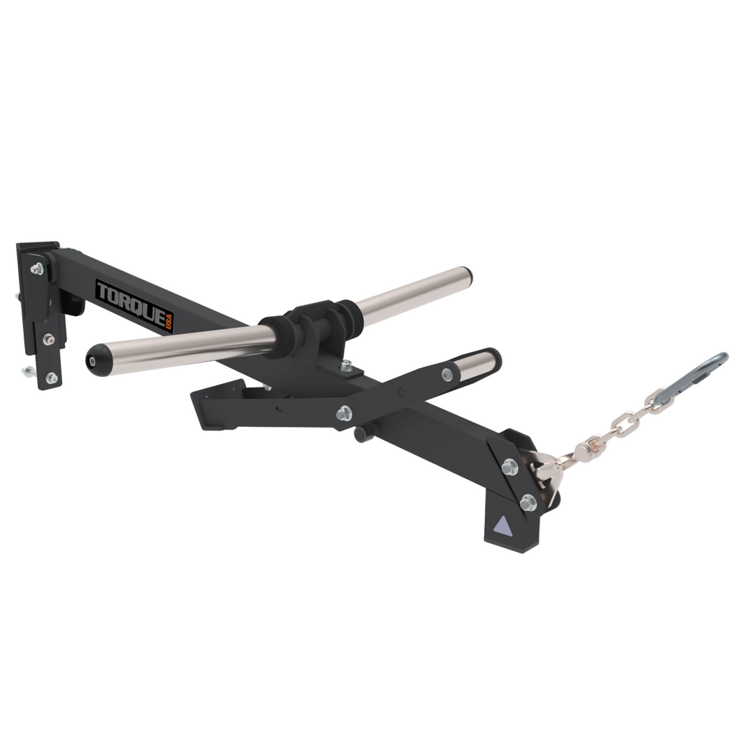 Torque USA X-CREATE belt squat attachment in black with silver stainless steel weight horns, angled bracket, and chain.