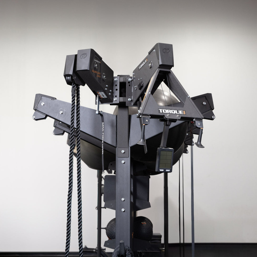 Torque USA X-CREATE side attachment mount with black double unit wedge installed on a gray upright with rope training units.