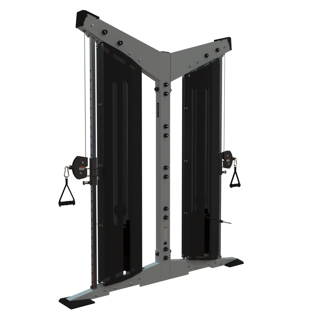 Front angled view of Torque USA X-Create 8 ft double-sided cable upright with dual cable columns and pulley handles.