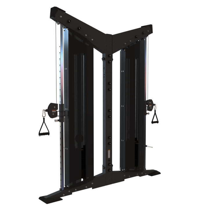 Side angled view of Torque USA X-Create 8 ft double-sided cable upright showing vertical cable columns and pulley handles.