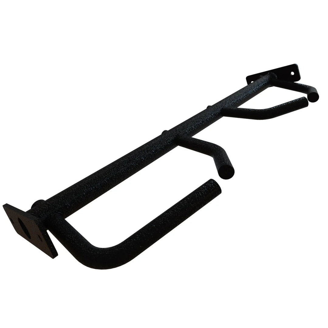 Angled view of Torque USA X-Create 4 ft multi-grip pull-up crossbar with multiple steel handles and end mounting plates.