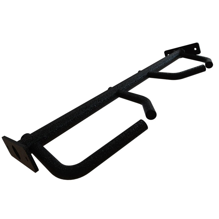 Angled view of Torque USA X-Create 4 ft multi-grip pull-up crossbar with multiple steel handles and end mounting plates.
