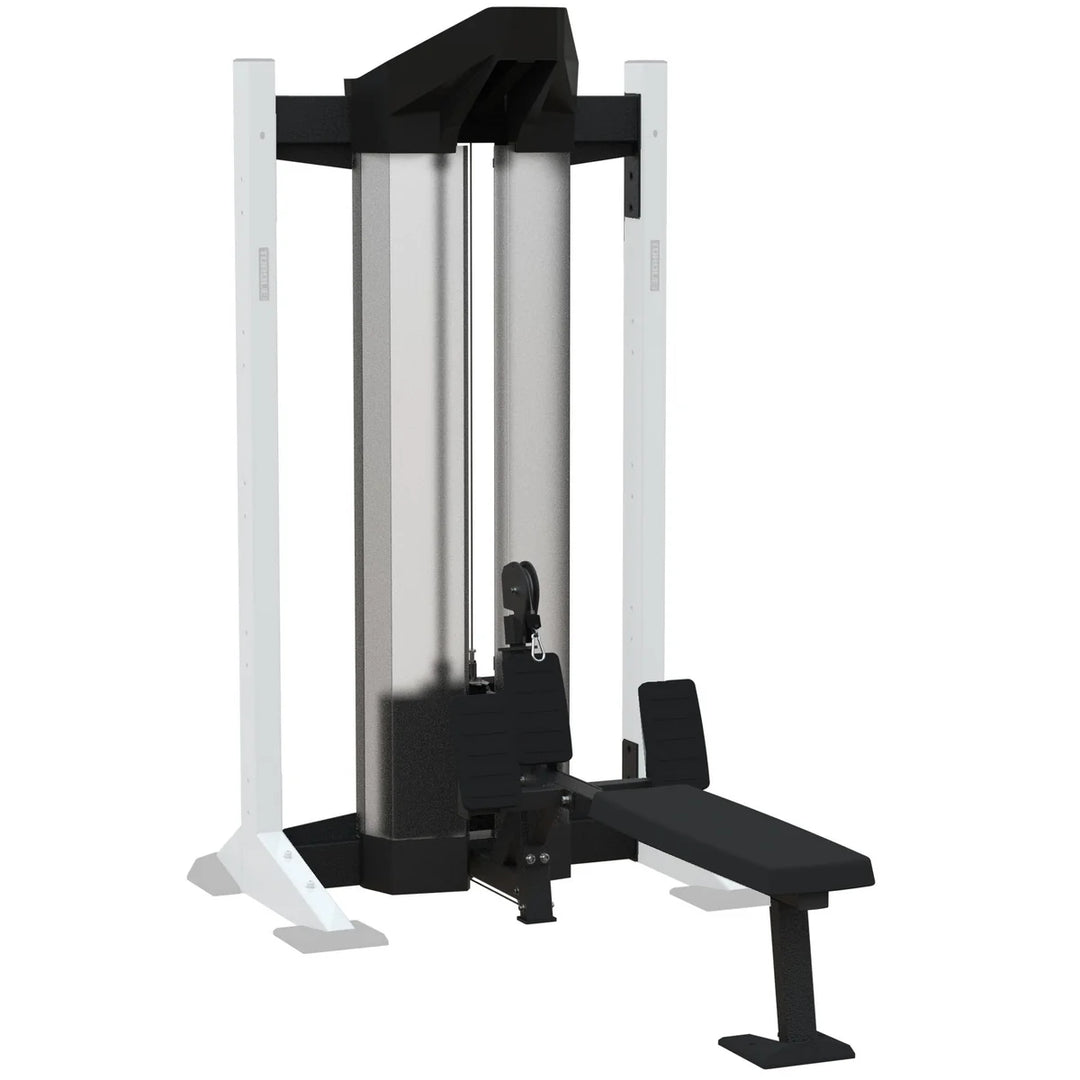 Front angled view of Torque USA X-Create seated row module with rowing handle, foot placements, and vertical weight stack.