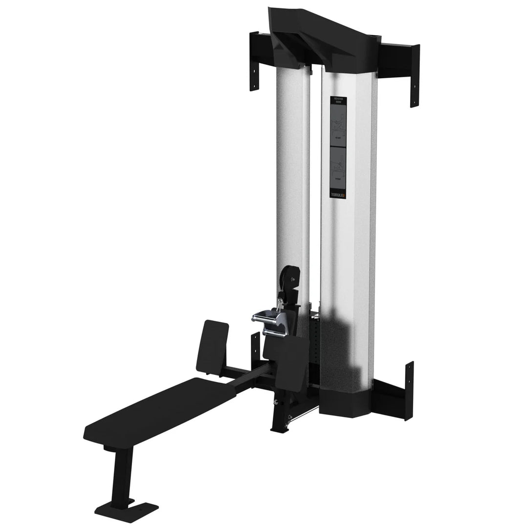 Side view of Torque USA X-Create seated row module showing the extended rowing platform, foot supports, and weight stack.