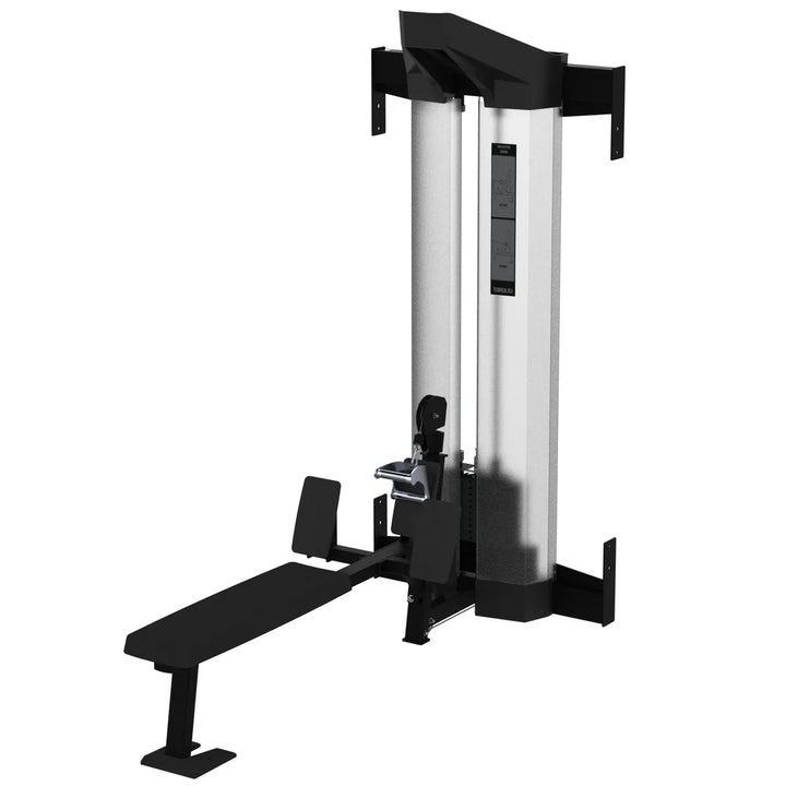 Side view of Torque USA X-Create seated row module showing the extended rowing platform, foot supports, and weight stack.
