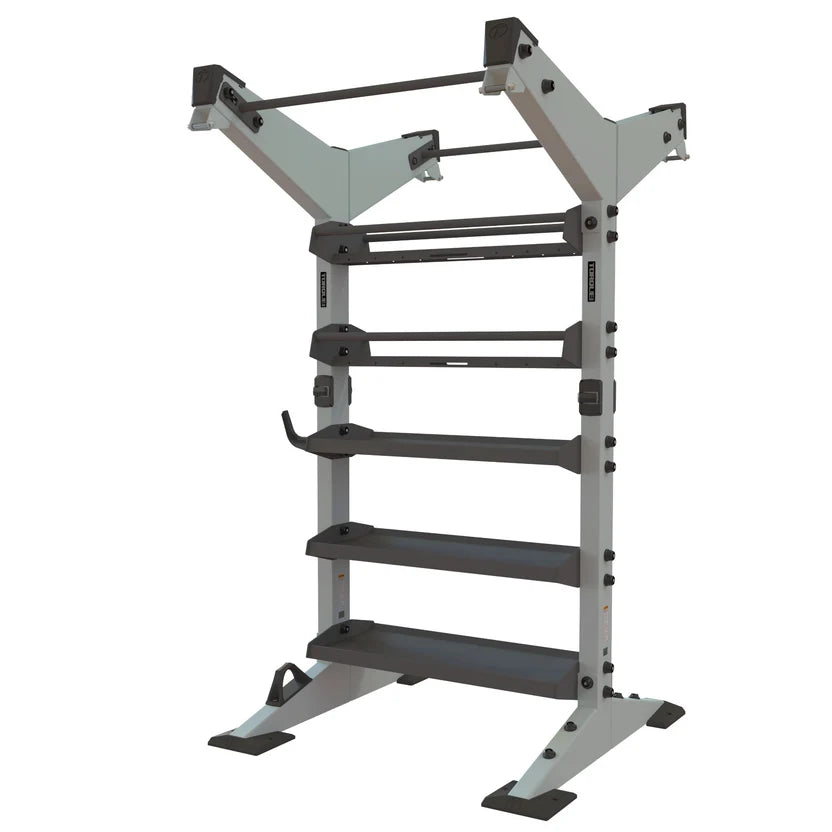 Torque X-CREATE 1-module 2-sided storage center in Platinum with pull-up stations, ball storage, and accessory trays