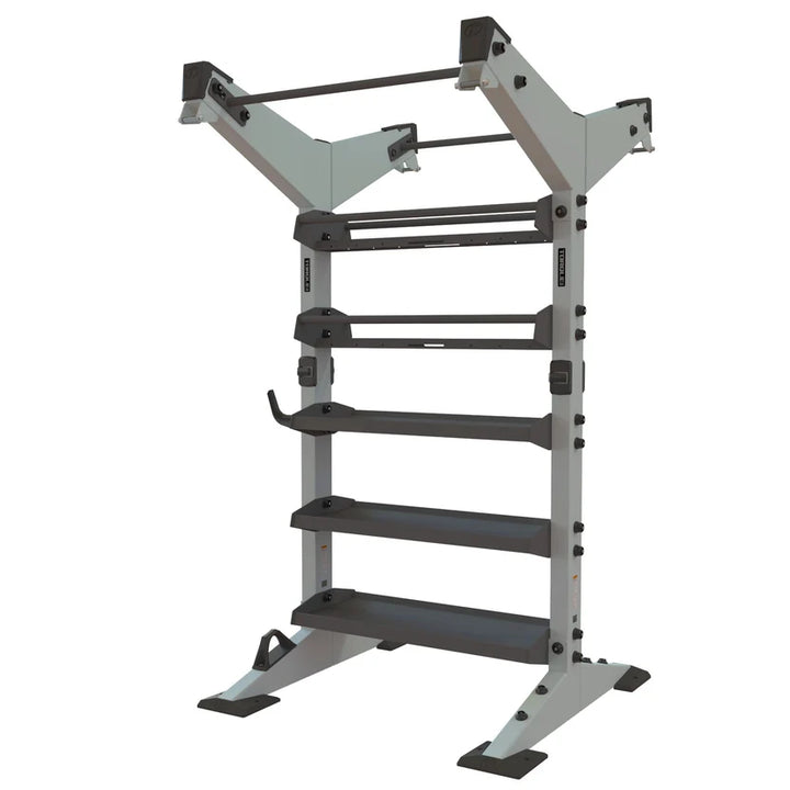 Torque X-CREATE 1-module 2-sided storage center in Platinum with pull-up stations, ball storage, and accessory trays
