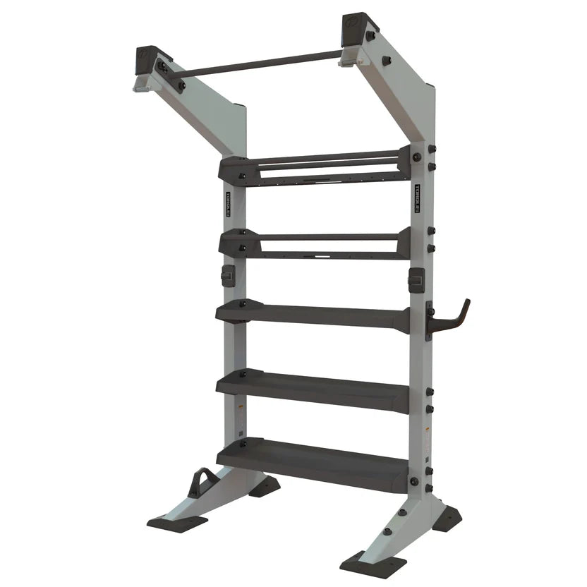 Torque X-CREATE 1-module storage wall in Platinum with ball storage, accessory trays, and pull-up station
