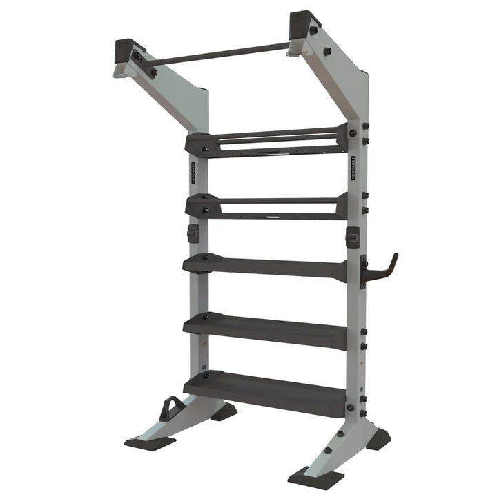 Torque X-CREATE 1-module storage wall in Platinum with ball storage, accessory trays, and pull-up station