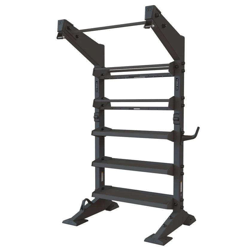 Torque X-CREATE 1-module storage wall in Satin Black with ball storage, accessory trays, and pull-up station