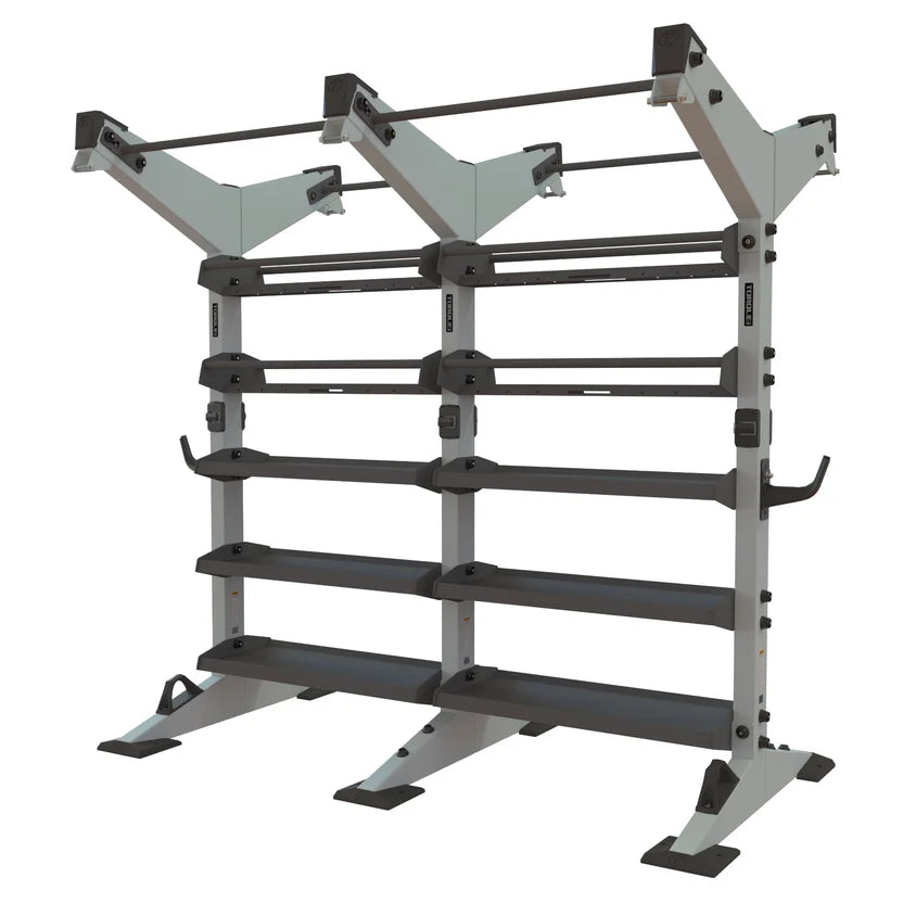 Torque X-CREATE 2-module 2-sided storage center in Platinum with pull-up stations, ball storage, and accessory trays