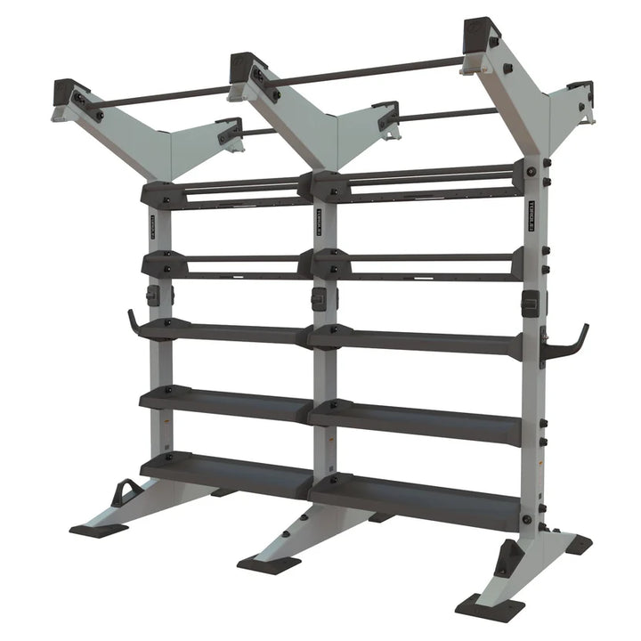 Torque X-CREATE 2-module 2-sided storage center in Platinum with pull-up stations, ball storage, and accessory trays