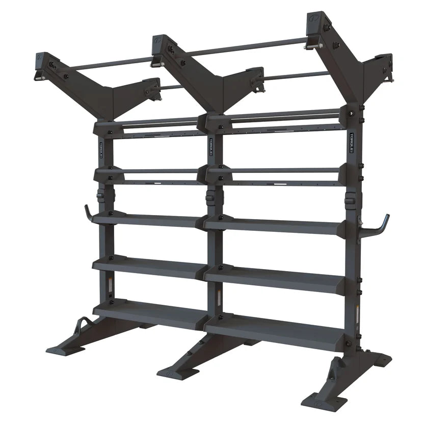 Torque X-CREATE 2-module 2-sided storage center in Satin Black with pull-up stations, ball storage, and accessory trays