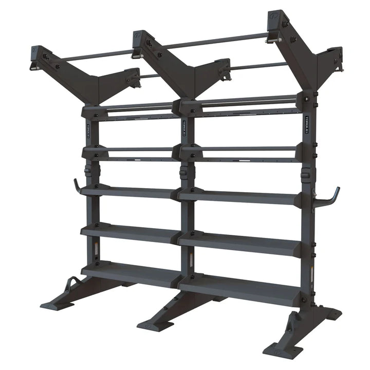 Torque X-CREATE 2-module 2-sided storage center in Satin Black with pull-up stations, ball storage, and accessory trays