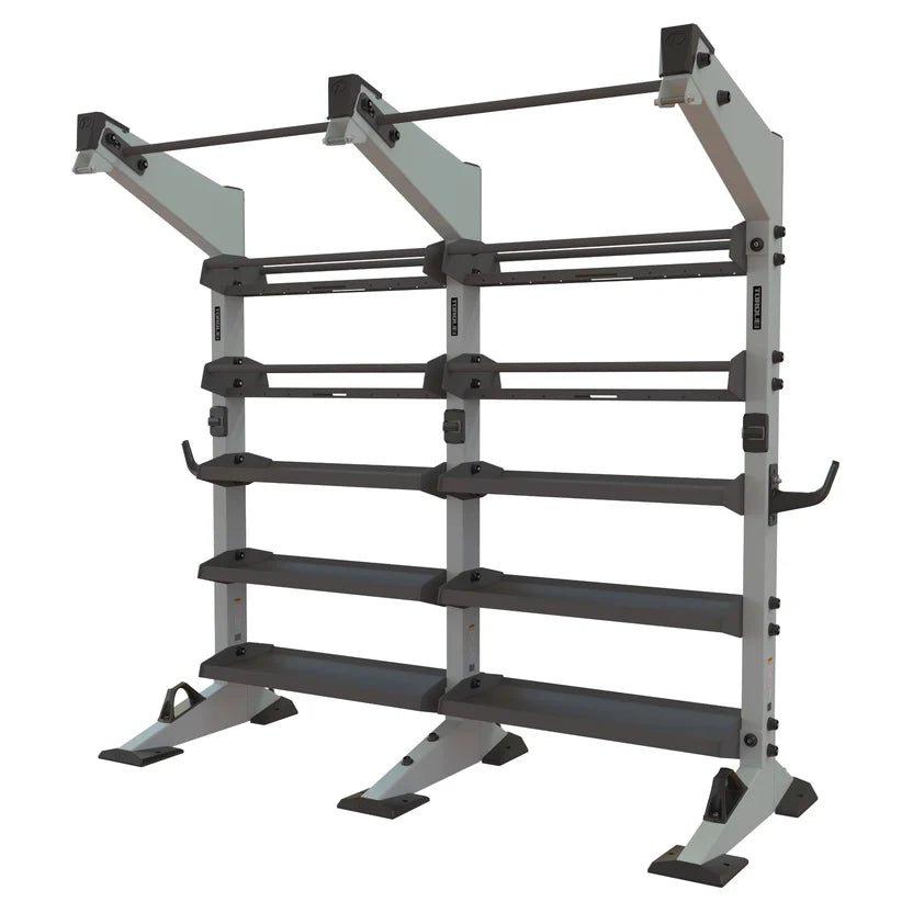 Torque X-CREATE 2-module storage wall in Platinum with ball storage, accessory trays, and pull-up stations